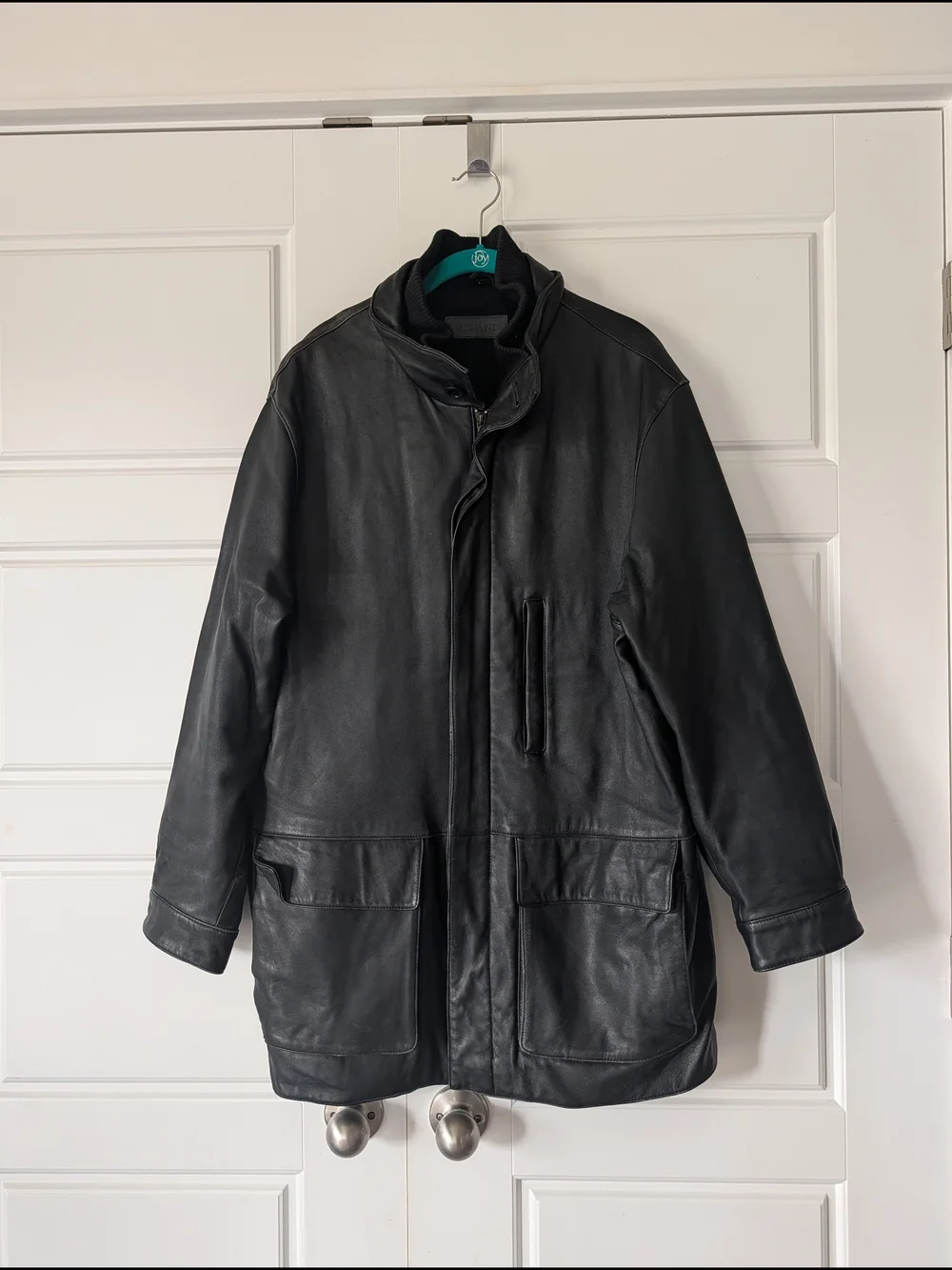 Men's Black Leather Zip-Front Coat